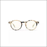 Runde Brille mit schildpattartigem Rahmen, meist beige und schwarz, auf weißem Hintergrund. Die Brille ist nach vorne gerichtet, beide Arme sind sichtbar.