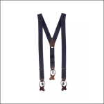 Marineblaue Hosenträger mit braunem Leder und silbernen Clips, angeordnet in einer Y-Form auf einem schlichten weißen Hintergrund.