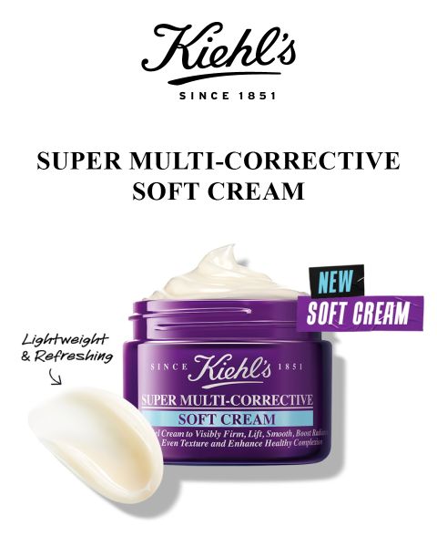 Un pot violet de Crème Super Multi-Corrective Douce de Kiehl's avec une noisette de crème sur le dessus. À côté d'un échantillon de crème, on peut lire « Légère & Rafraîchissante ». Une étiquette « Nouveau » figure à côté de « Crème Douce ».