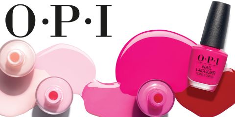 Une publicité colorée pour le vernis à ongles OPI présente différentes nuances de rose, avec de la couleur qui s'échappe de trois bouteilles ouvertes. À droite, une bouteille fermée est dressée et affiche le logo de la marque.