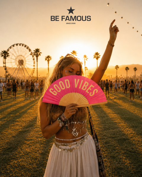 Une femme à un festival tient un éventail rose « GOOD VIBES » à la main, en arrière-plan, on peut voir une grande roue, des palmiers et un coucher de soleil. En haut, l'inscription « BE FAMOUS » est visible.