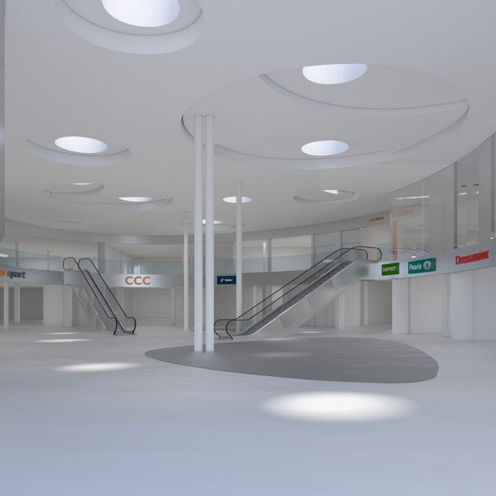 Un centre commercial spacieux et moderne avec un plafond voûté et des lucarnes rondes. Des escaliers mécaniques mènent à l'étage supérieur, où l'on peut voir différentes enseignes de magasins, dont CCC et Cocoon. Le sol est lisse et clair.