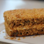 Eine Nahaufnahme eines rechteckigen Schichtkuchens mit krümeligem, flockigem Belag. Die Schichten bestehen aus cremiger Füllung und Teig und sind auf einem weißen Teller angeordnet, wodurch die Textur und Fülle des Kuchens hervorgehoben werden.