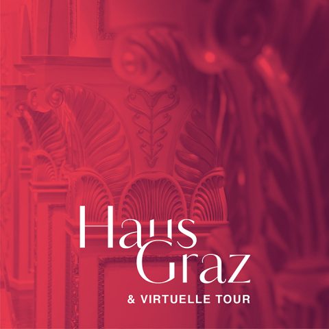 Image abstrait avec une superposition rouge, montrant des détails architecturaux artistiques de colonnes classiques. En bas, on peut lire en lettres blanches « Haus Graz & Visite Virtuelle ».