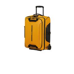 Valise jaune à roulettes avec poignées et accents noirs, debout sur deux roues avec une poignée télescopique déployée.