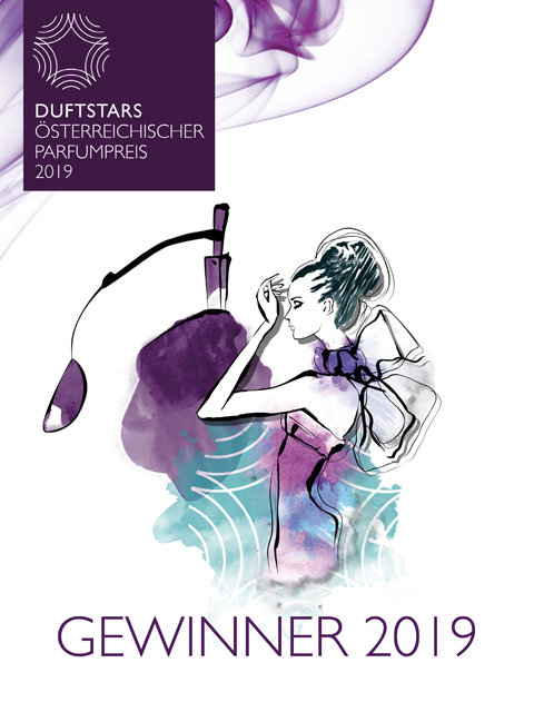 Affiche illustrée pour les Duftstars, prix autrichien du parfum 2019. Elle présente un dessin stylisé d'une femme vaporisant du parfum, avec des accents abstraits d'aquarelle violette et bleu-vert. Le titre est « Gagnants 2019 ».
