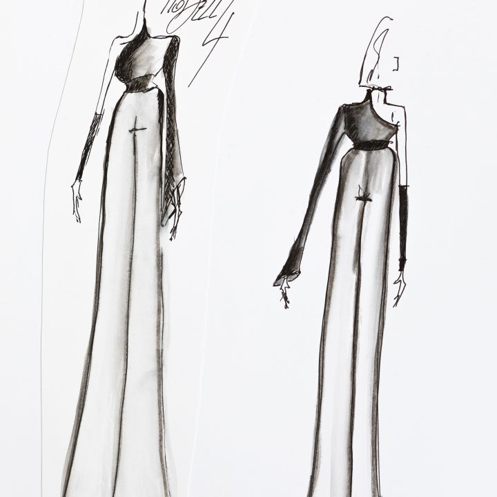 Croquis de mode de deux silhouettes élancées portant des robes élégantes. Chaque robe est en noir et blanc, présente un design asymétrique et de longues jupes fluides. Les croquis ont un style minimaliste et artistique.