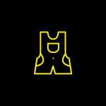 Eine einfache, gelbe Umrissillustration eines Overalls auf schwarzem Hintergrund. Das Design verfügt über eine Tasche auf der Brust und weite Beinöffnungen, was für einen minimalistischen und modernen Look sorgt.