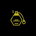 Symbol einer sechseckigen Parfümflasche mit Sprühdüse, in leuchtendem Gelb auf schwarzem Hintergrund.