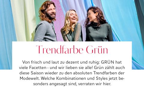 Trois personnes sourient et discutent devant des fonds en tissu colorés. Le texte traite du vert comme couleur tendance et souligne sa polyvalence et sa popularité cette saison.