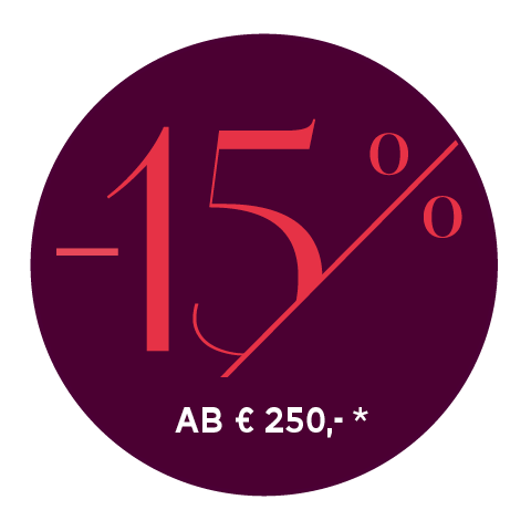 Image circulaire avec un fond sombre et un grand texte rouge « -15% ». En dessous, il est écrit en plus petit « À PARTIR DE 250,- € * ».