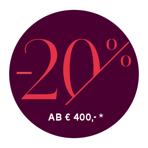 Un graphique rond, violet foncé, avec un texte rouge indiquant « -20% ». En dessous, en texte blanc, il est écrit « À PARTIR DE 400,- € * ».