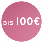 Ein rosa Kreis mit dem Text „BIS 100€“ in Weiß, der einen Rabatt oder Verkauf bis zu 100 Euro anzeigt.
