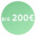 Ein grüner Kreis mit dem Text „BIS 200 €“ in Weiß.