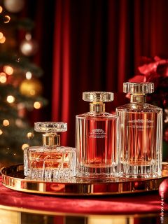 Trois élégants flacons de parfum avec des bouchons dorés sont posés sur un plateau rond doré. Les flacons sont de tailles différentes et contiennent un liquide rouge. En arrière-plan, on aperçoit des rideaux rouges et un sapin de Noël flou avec des lumières, créant une atmosphère festive.