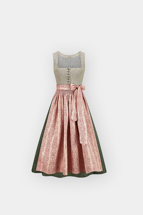 Robe traditionnelle Dirndl avec un corsage beige, une jupe verte et un tablier à motifs roses noué à la taille par un nœud, présentée sur un fond blanc.