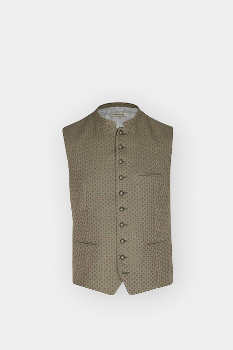 Gilet marron traditionnel avec boutons, discret petit motif géométrique, col montant et trois poches avant sur fond clair.