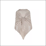 Ein hellbeiger Spitzenschal mit zartem Blumenmuster, drapiert und in der Mitte gebunden, vor einem schlichten weißen Hintergrund.