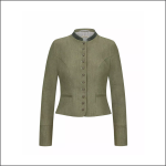 Olivgrüne maßgeschneiderte Damenjacke mit hohem Kragen, langen Ärmeln und einer Reihe von Knöpfen auf der Vorderseite. Die Jacke hat eine strukturierte Passform und zwei kleine Vordertaschen, die auf weißem Hintergrund abgebildet sind.