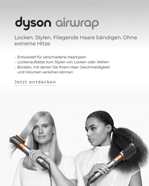 Publicité pour le Dyson Airwrap mettant en scène deux femmes avec des coiffures différentes utilisant le produit. Le texte souligne la capacité de boucler et de coiffer sans chaleur extrême et son adaptation à différents types de cheveux.