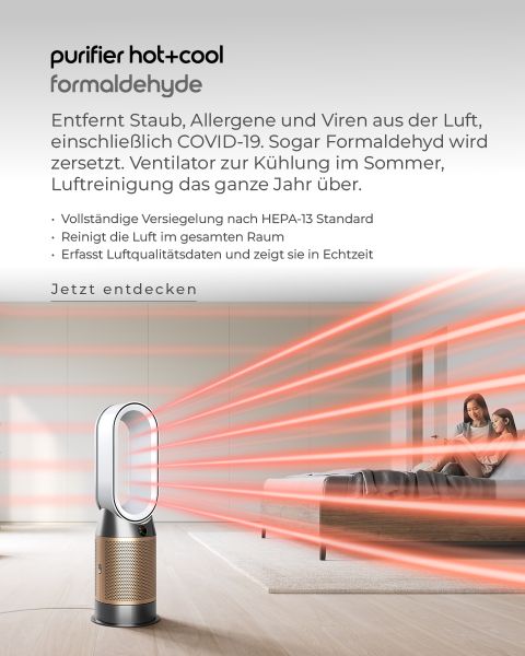 Dans un salon moderne, un purificateur d'air élégant émet des rayons lumineux rouges pour illustrer le flux d'air. Le texte met en évidence ses fonctions : filtration HEPA 13, purification de l'air toute l'année, protection contre la COVID-19 et élimination du formaldéhyde.