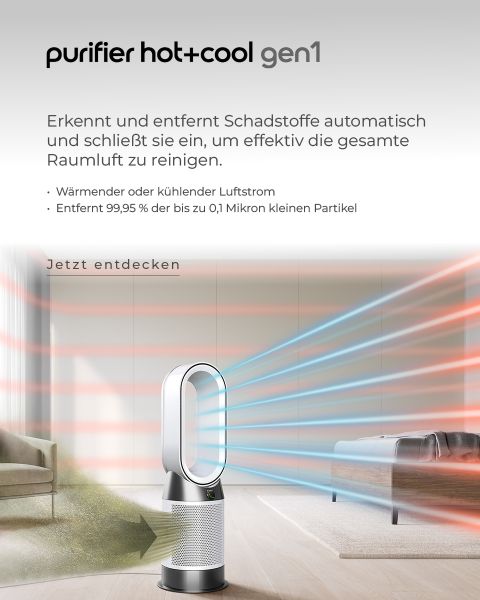 L'image montre un purificateur d'air élégant et moderne émettant des flux d'air rouges et bleus, représentant l'air chaud et froid. Il se trouve dans un salon élégant. Le texte allemand vante son efficacité dans l'élimination des polluants.