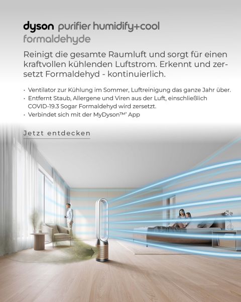 Un salon moderne avec de grandes fenêtres et des planchers en bois clair. Un purificateur d'air Dyson se trouve sur le sol, d'où émanent des lignes bleues symbolisant l'air purifié. Un texte décrit les avantages et les fonctions du produit en allemand.