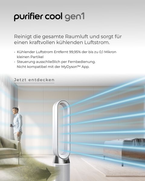 Publicité pour un purificateur d'air. Montre un ventilateur mince et haut émettant un flux d'air bleu dans un salon moderne. Le texte met en évidence les fonctions de purification de l'air et de télécommande. Un homme se tient à côté du ventilateur dans une atmosphère paisible.