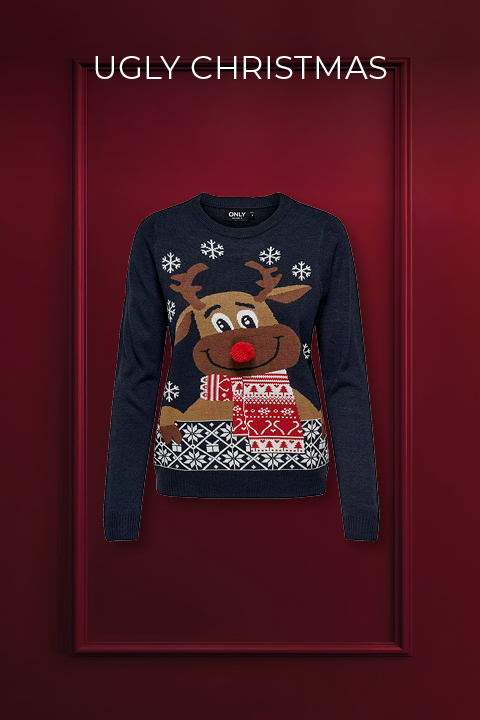 Un pull de Noël festif avec un motif de renne, un nez rouge à pompon et une écharpe à motifs rouge et blanc sur un fond rouge foncé. Le texte « UGLY CHRISTMAS » apparaît en haut.