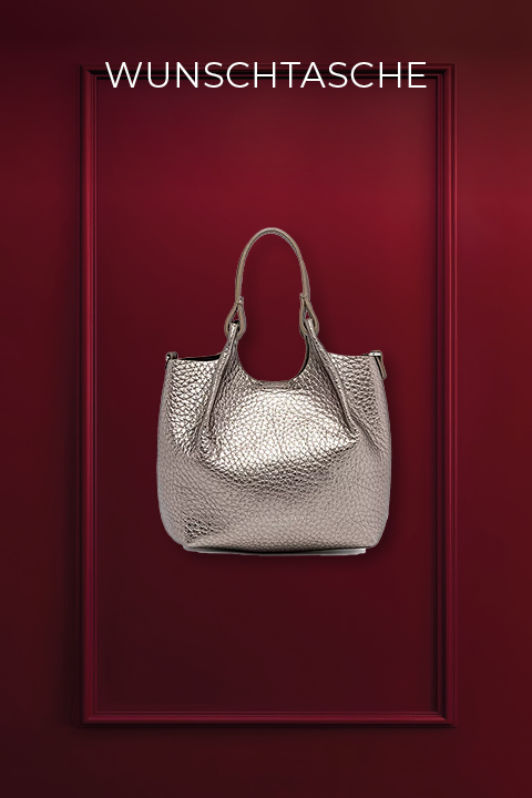 Un sac à main structuré en métal avec des poignées devant un fond bordeaux. Au-dessus, on peut lire le mot « WUNSCHTASCHE ».