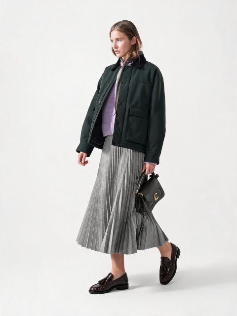 Une femme vêtue d'une veste noire, d'un pull violet, d'une jupe plissée argentée et de mocassins, tenant un sac à main noir, marche devant un simple fond blanc.