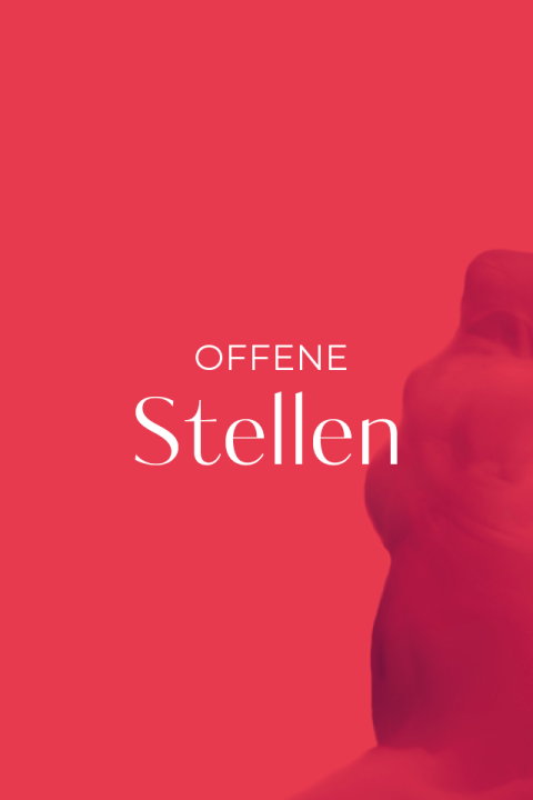 "OFFENE STELLEN" sur fond rouge avec une forme abstraite dans le coin inférieur droit.