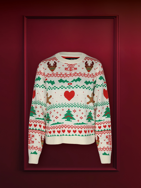 Un pull de Noël festif avec un motif de renne, un nez rouge à pompon et une écharpe à motifs rouge et blanc sur un fond rouge foncé. Le texte « UGLY CHRISTMAS » apparaît en haut.