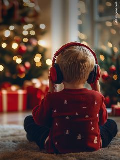 Un jeune enfant portant un pull rouge avec des motifs d'arbres blancs est assis sur un tapis confortable et porte un casque rouge. L'enfant est devant un arbre de Noël décoré, entouré de cadeaux et baigné dans une douce lumière festive et chaleureuse.