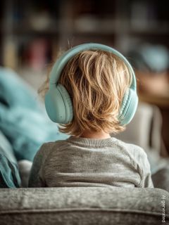 Un jeune enfant portant un pull rouge avec des motifs d'arbres blancs est assis sur un tapis confortable et porte un casque rouge. L'enfant est devant un arbre de Noël décoré, entouré de cadeaux et baigné dans une douce lumière festive et chaleureuse.