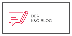 Un graphique rectangulaire avec une bulle de dialogue rouge et un symbole de crayon sur le côté gauche, et le texte "LE BLOG K&Ö" en noir sur le côté droit, le tout sur un fond blanc avec une fine bordure noire.