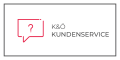 Une bulle de dialogue avec un point d'interrogation à côté du texte "SERVICE CLIENT K&Ö" sur un fond blanc avec une fine bordure noire.