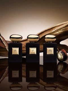 Six flacons de parfum élégants avec des bouchons lisses et dorés sont exposés. Ils sont disposés sur et autour d'un bloc d'or et portent diverses étiquettes avec les inscriptions « OUD », « SNAKE » et « OUR », chacune présentant des motifs complexes en noir et or sur un fond gris doux.