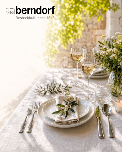 Un ensemble de couverts, composé d'une fourchette, d'un couteau et d'une cuillère, est noué avec un ruban rouge. Le texte indique « berndorf tradition & design since 1843 », avec un logo d'ours stylisé au-dessus de « berndorf ». Le fond est noir.