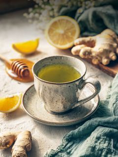 Une tasse de thé vert repose sur une soucoupe, entourée de tranches de citron, de racines de gingembre, d'une cuillère à miel et d'un tissu vert sur une surface claire.