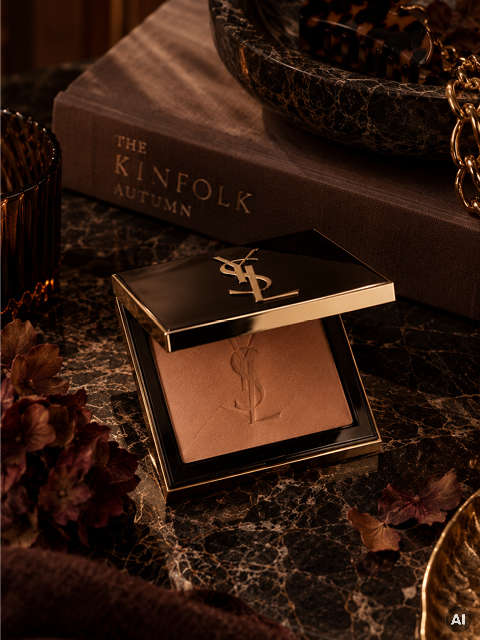 Une poudre compacte YSL est ouverte sur une table en marbre, entourée de fleurs séchées, d'un verre et d'un livre intitulé « The Kinfolk Autumn ».