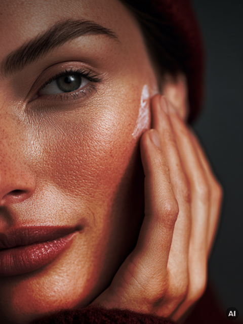 Un gros plan d'une personne appliquant de la crème sur sa joue ; on peut voir une peau lisse, des taches de rousseur et une expression faciale détendue.