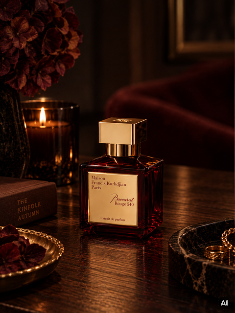 Dans une pièce chaude et faiblement éclairée, un flacon de parfum rouge avec un bouchon doré repose sur une table, entouré d'une bougie, de fleurs et d'un livre.