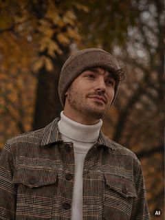 Un homme avec un bonnet marron et une veste à carreaux se tient à l'extérieur devant un fond d'arbres d'automne, regardant sur le côté et souriant légèrement.