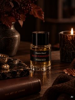 Sur une table en bois, dans une lumière chaude et tamisée, une bouteille du parfum « Musc Ravageur » est posée à côté d'une bougie allumée, de livres et de feuilles d'automne.