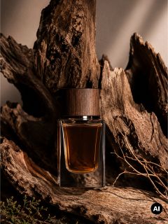 Un flacon de parfum en verre avec un bouchon en bois se dresse au milieu de morceaux de bois flotté rugueux, baignés dans une lumière chaude.