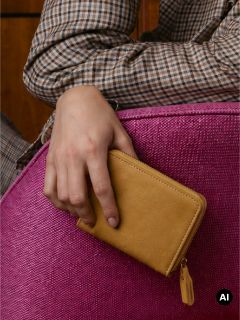 Une personne en chemise à carreaux tient un portefeuille zippé marron clair, le bras appuyé sur une surface rose texturée.