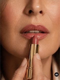 Une femme applique du rouge à lèvres rose, tenant un tube de rouge à lèvres doré près de sa bouche.