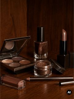 Une sélection de produits de maquillage dans les tons bruns, comprenant des fards à paupières, du rouge à lèvres, du vernis à ongles, du brillant à lèvres, un crayon khôl et une poudre de pigment libre, sur un support en bois.