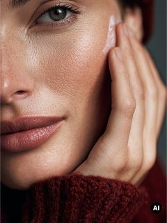 Gros plan d'une femme appliquant de la crème sur sa joue, vêtue d'un pull rouge et d'un bonnet. Sa peau semble lisse et bien entretenue.